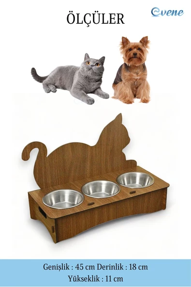 Evene Kedi Mama Kabı Kedi Su Kabı Kedi Mama ve Su Kabı Kedi Yemek Kabı 3 Çelik Kase Model 4 Ceviz - Resim 2