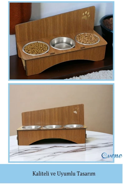 Evene Kedi Mama Kabı Kedi Su Kabı Kedi Mama ve Su Kabı Kedi Yemek Kabı 3 Çelik Kase Model 2 Ceviz - 3