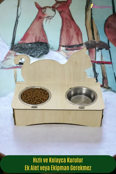 StarLightning Ahşap Kedi Mama Kabı Standı Açık Meşe Premium Boyalı Paslanmaz Çelik Kaseli Model 4 - 3