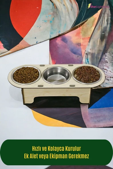StarLightning Büyük Ahşap Kedi Mama Kabı Standı Bej Premium Boyalı 3'lü Paslanmaz Çelik Kaseli Model 1 - 3