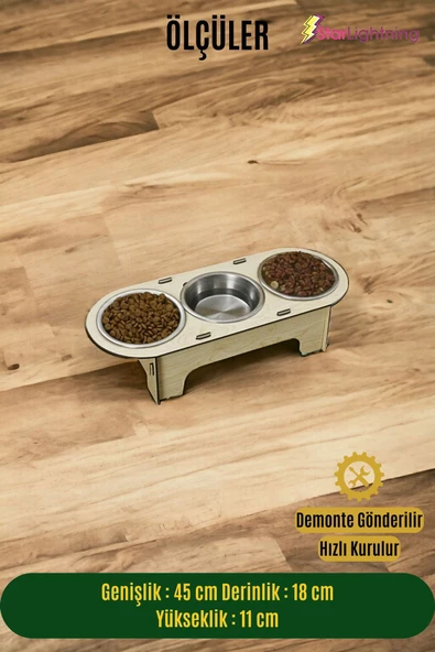 StarLightning Büyük Ahşap Kedi Mama Kabı Standı Bej Premium Boyalı 3'lü Paslanmaz Çelik Kaseli Model 1 - 2