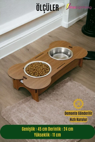 StarLightning Ahşap Kedi Mama Kabı Standı Ceviz Premium Boyalı Paslanmaz Çelik Kaseli Model 2 - 2