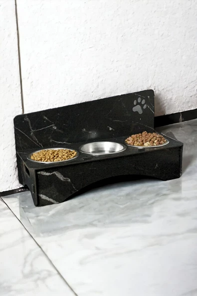 StarLightning Büyük Ahşap Kedi Mama Kabı Standı Siyah Mermer Premium Boyalı 3'lü Paslanmaz Çelik Kaseli Model 2 ürün görseli 1
