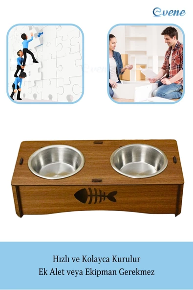 Evene Kedi Mama Kabı Kedi Su Kabı Kedi Mama ve Su Kabı Kedi Yemek Kabı 2 Çelik Kase Model 5 Ceviz - Resim 5