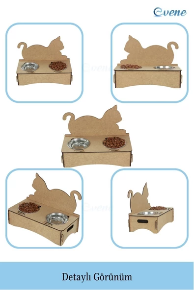 Evene Mama Su Kabı Paslanmaz Çelik Taslı 2'li Ahşap Kedi Ve Köpek Suluk Kedi Arkalık Model - Resim 5