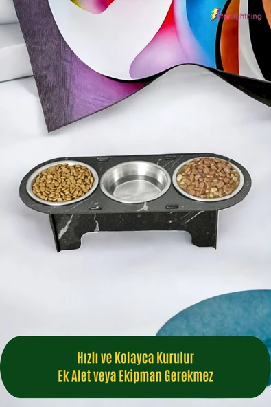 StarLightning Büyük Ahşap Kedi Mama Kabı Standı Siyah Mermer Premium Boyalı 3'lü Paslanmaz Çelik Kaseli Model 1 - Resim 3