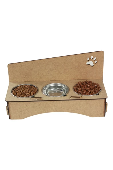 Evene Mama Su Kabı Paslanmaz Çelik Taslı 3'lü Ahşap Kedi Ve Köpek Suluk Patili Model ürün görseli 1