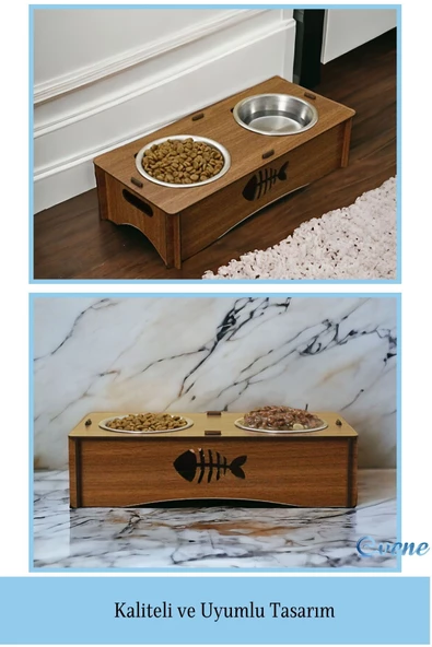 Evene Kedi Mama Kabı Kedi Su Kabı Kedi Mama ve Su Kabı Kedi Yemek Kabı 2 Çelik Kase Model 5 Ceviz - Resim 3