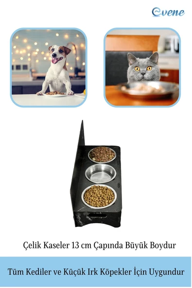 Evene Kedi Mama Kabı Kedi Su Kabı Kedi Mama ve Su Kabı Kedi Yemek Kabı 3 Çelik Kase Model 2 Siyah Mermer - Resim 4