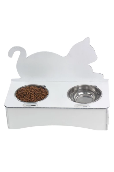 Evene Mama Su Kabı Paslanmaz Çelik Taslı 2'li Ahşap Kedi Ve Köpek Suluk Kedi Arkalık Model ürün görseli 1