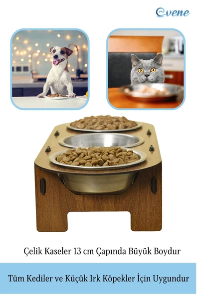 Evene Kedi Mama Kabı Kedi Su Kabı Kedi Mama ve Su Kabı Kedi Yemek Kabı 3 Çelik Kase Model 1 Ceviz - 4