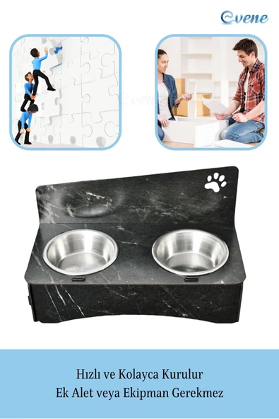 Evene Kedi Mama Kabı Kedi Su Kabı Kedi Mama ve Su Kabı Kedi Yemek Kabı 2 Çelik Kase Model 2 Siyah Mermer - Resim 5