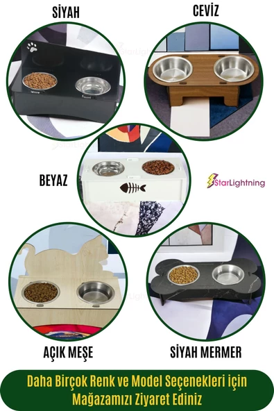 StarLightning Büyük Ahşap Kedi Mama Kabı Standı Siyah Mermer Premium Boyalı 3'lü Paslanmaz Çelik Kaseli Model 5 - Resim 5