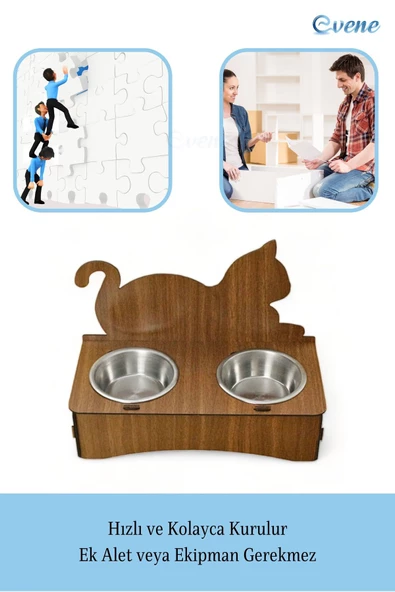Evene Kedi Mama Kabı Kedi Su Kabı Kedi Mama ve Su Kabı Kedi Yemek Kabı 2 Çelik Kase Model 4 Ceviz - 5