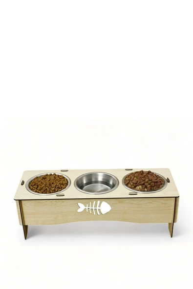 Evene Kedi Mama Kabı Kedi Su Kabı Kedi Mama ve Su Kabı Kedi Yemek Kabı 3 Çelik Kase Model 5 Açık Meşe