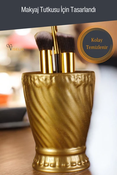 Viselia Makyaj Duzenleyici Makyaj Organizeri Makyaj Fırçalığı Makyaj Fırçası Altın Renk Model 14 - Resim 5