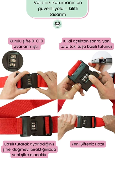 Pandogo Şifreli Valiz Kilidi Valiz Kemeri Extra Güvenlik Koruyucu Kırmızı 2 Adet - 4