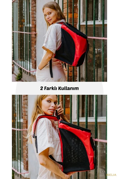 Viselia Kedi Taşıma Çantası Evcil Hayvan Seyahat Kedi Sırt Çantası Fileli Kırmızı - Resim 3