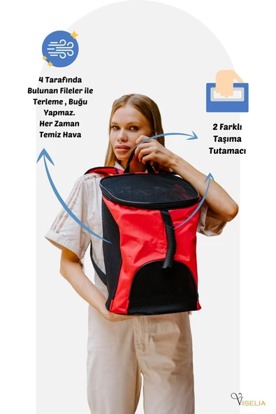 Viselia Kedi Taşıma Çantası Evcil Hayvan Seyahat Kedi Sırt Çantası Fileli Kırmızı - Resim 4