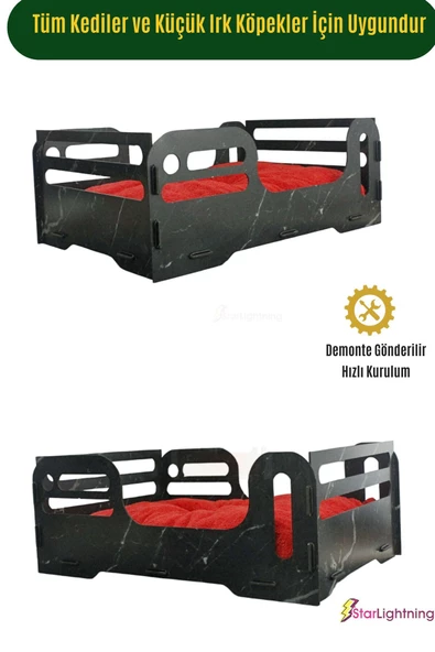 StarLightning Ahşap Büyük Kedi Yatağı Premium Kalite Siyah Mermer Kedi Evi 50x35 Cm Model 4 - 5