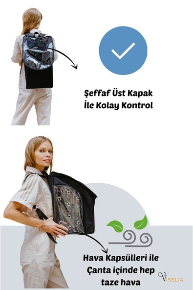 Viselia Kedi Taşıma Çantası Evcil Hayvan Seyahat Kedi Sırt Çantası 16 Kapsüllü Siyah - Resim 4