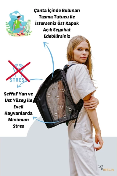 Viselia Kedi Taşıma Çantası Evcil Hayvan Seyahat Kedi Sırt Çantası 16 Kapsüllü Siyah - Resim 5