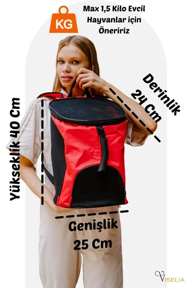 Viselia Kedi Taşıma Çantası Evcil Hayvan Seyahat Kedi Sırt Çantası Fileli Kırmızı - Resim 2