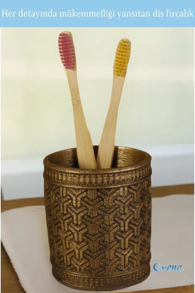 Evene Diş Fırçalığı Tezgah Üstü Altın Eskitme Renk Diş Fırçası Standı Model 4 - Resim 6