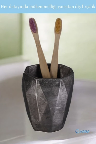 Evene Diş Fırçalığı Tezgah Üstü Gümüş Eskitme Renk Diş Fırçası Standı Model 2 - Resim 6