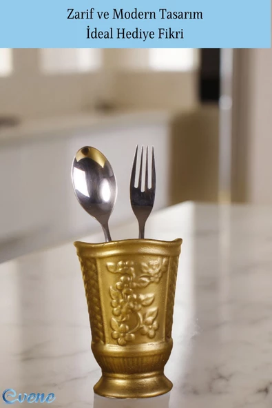 Evene Tezgah Üstü Kaşıklık Dekoratif Dik Kaşıklık Silindir Kaşıklık Altın Renk Model 9 - Resim 4