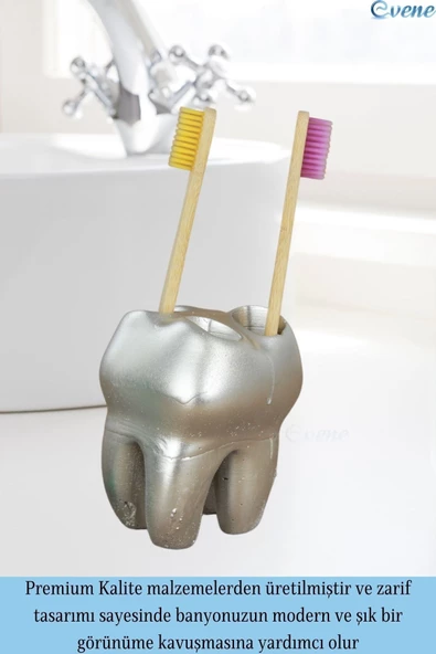 Evene Diş Fırçalığı Tezgah Üstü Gümüş Renk Diş Fırçası Standı Diş Şekilli Model - 4