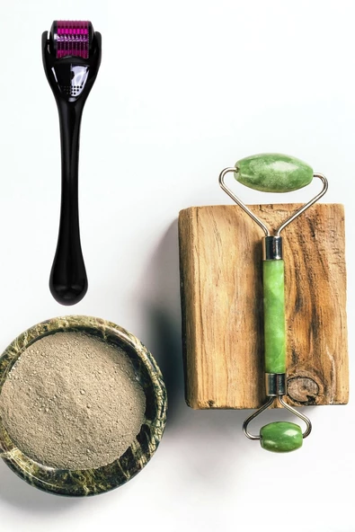 Evene Dermaroller Saç Çıkarma Tarağı İğneli Tarak 1 mm + Jade Roller Yüz Masaj Aleti Yeşim Taşı Seti ürün görseli 1