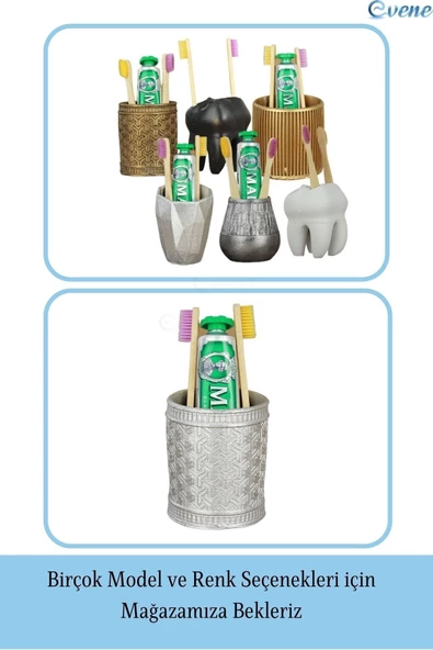Evene Diş Fırçalığı Tezgah Üstü Gümüş Renk Diş Fırçası Standı Y Desenli Model - Resim 6