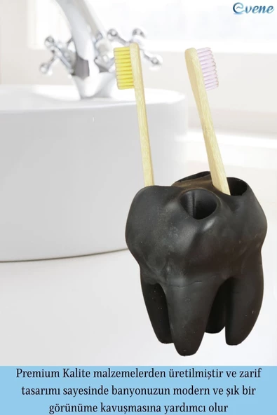 Evene Diş Fırçalığı Tezgah Üstü Siyah Renk Diş Fırçası Standı Diş Şekilli Model - Resim 4