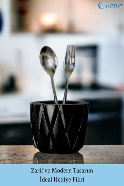 Evene Tezgah Üstü Kaşıklık Dekoratif Dik Kaşıklık Silindir Kaşıklık Siyah Renk Model 18 - Resim 4