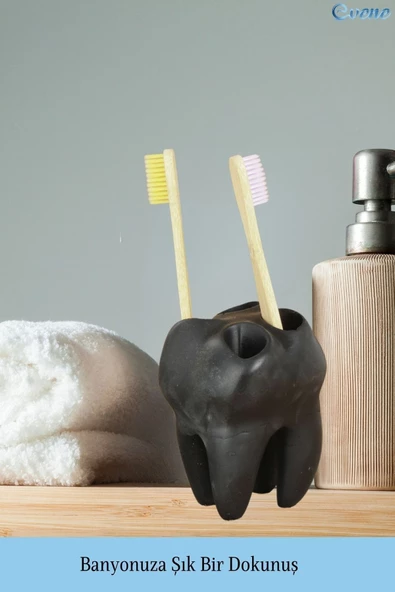 Evene Diş Fırçalığı Tezgah Üstü Siyah Renk Diş Fırçası Standı Diş Şekilli Model - Resim 5