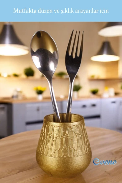 Evene Tezgah Üstü Kaşıklık Dekoratif Dik Kaşıklık Silindir Kaşıklık Altın Renk Model 3 - Resim 2