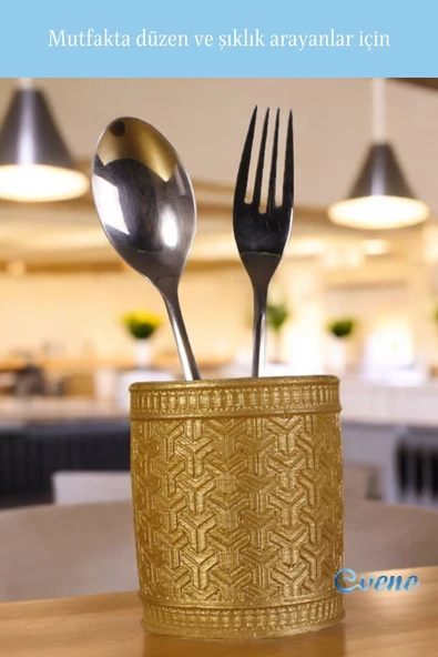Evene Tezgah Üstü Kaşıklık Dekoratif Dik Kaşıklık Silindir Kaşıklık Altın Renk Model 4 - Resim 5
