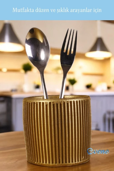 Evene Tezgah Üstü Kaşıklık Dekoratif Dik Kaşıklık Silindir Kaşıklık Altın Renk Model 1 - Resim 5