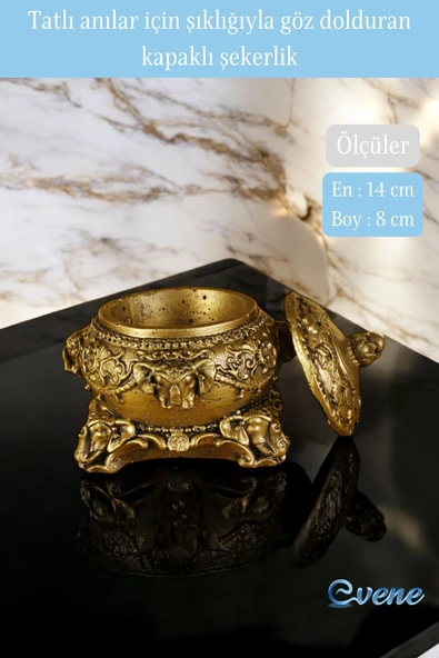 Evene Şekerlik Sunumluk Drajelik Dekoratif Tabak Altın Eskitme Renk Kapaklı Model - Resim 2