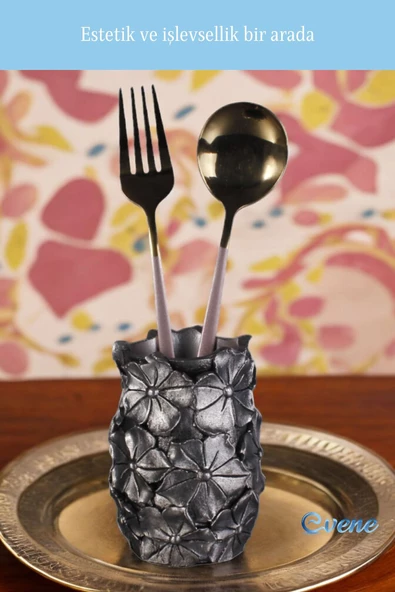 Evene Tezgah Üstü Kaşıklık Dekoratif Dik Kaşıklık Silindir Kaşıklık Gümüş Eskitme Renk Model 16 - Resim 4