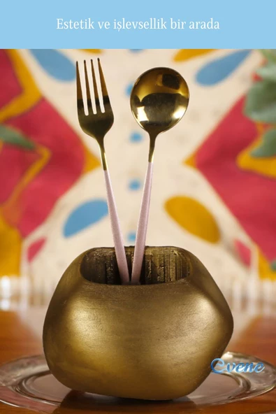 Evene Tezgah Üstü Kaşıklık Dekoratif Dik Kaşıklık Silindir Kaşıklık Altın Eskitme Renk Model 22 - Resim 4