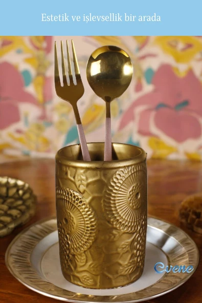 Evene Tezgah Üstü Kaşıklık Dekoratif Dik Kaşıklık Silindir Kaşıklık Altın Eskitme Renk Model 12 - Resim 4