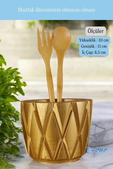 Evene Tezgah Üstü Kaşıklık Dekoratif Dik Kaşıklık Silindir Kaşıklık Altın Renk Model 18 - Resim 2