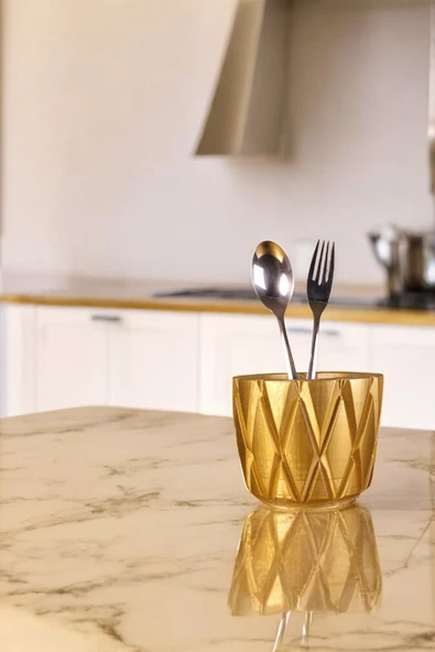Evene Tezgah Üstü Kaşıklık Dekoratif Dik Kaşıklık Silindir Kaşıklık Altın Renk Model 18 ürün görseli 1