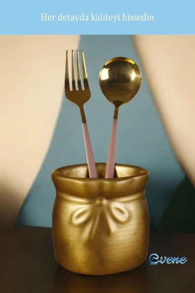 Evene Tezgah Üstü Kaşıklık Dekoratif Dik Kaşıklık Silindir Kaşıklık Altın Eskitme Renk Model 8 - Resim 7