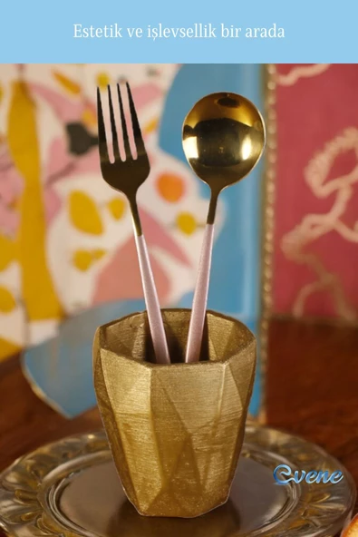 Evene Tezgah Üstü Kaşıklık Dekoratif Dik Kaşıklık Silindir Kaşıklık Altın Renk Model 2 - Resim 5