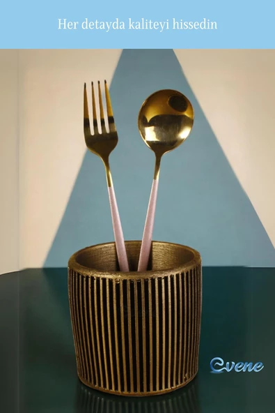 Evene Tezgah Üstü Kaşıklık Dekoratif Dik Kaşıklık Silindir Kaşıklık Altın Eskitme Renk Model 1 - Resim 6