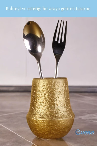 Evene Tezgah Üstü Kaşıklık Dekoratif Dik Kaşıklık Silindir Kaşıklık Altın Renk Model 15 - Resim 3