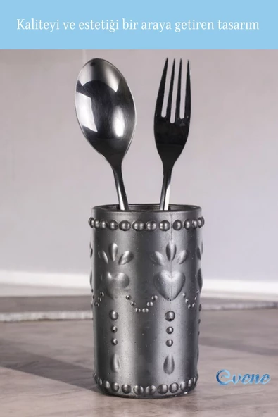 Evene Tezgah Üstü Kaşıklık Dekoratif Dik Kaşıklık Silindir Kaşıklık Gümüş Eskitme Renk Model 10 - Resim 3